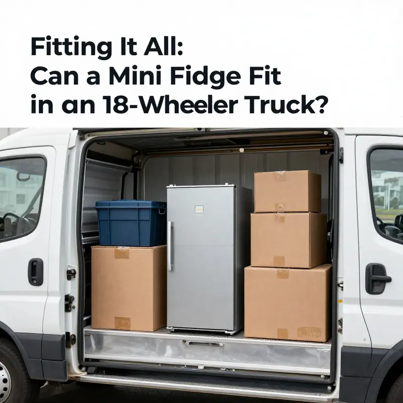 A visual comparison of a mini fridge and an 18-wheeler truck’s cargo space.