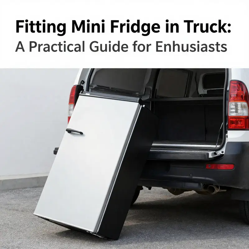 Measuring the dimensions of a mini fridge beside a truck, highlighting fitting considerations.