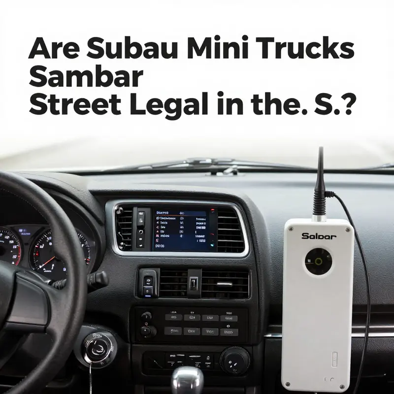 A Subaru Sambar mini truck alongside U.S. import regulations sign, highlighting the legal constraints of their use.