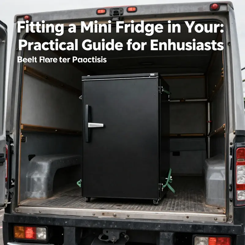 Measuring the dimensions of a mini fridge beside a truck, highlighting fitting considerations.
