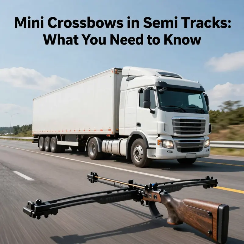 A semi-truck driving on a highway, with a mini crossbow prominently displayed, illustrating the relationship between trucking and archery.