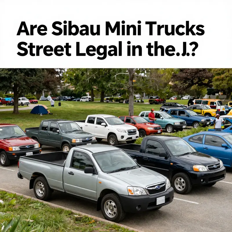 A Subaru Sambar mini truck alongside U.S. import regulations sign, highlighting the legal constraints of their use.