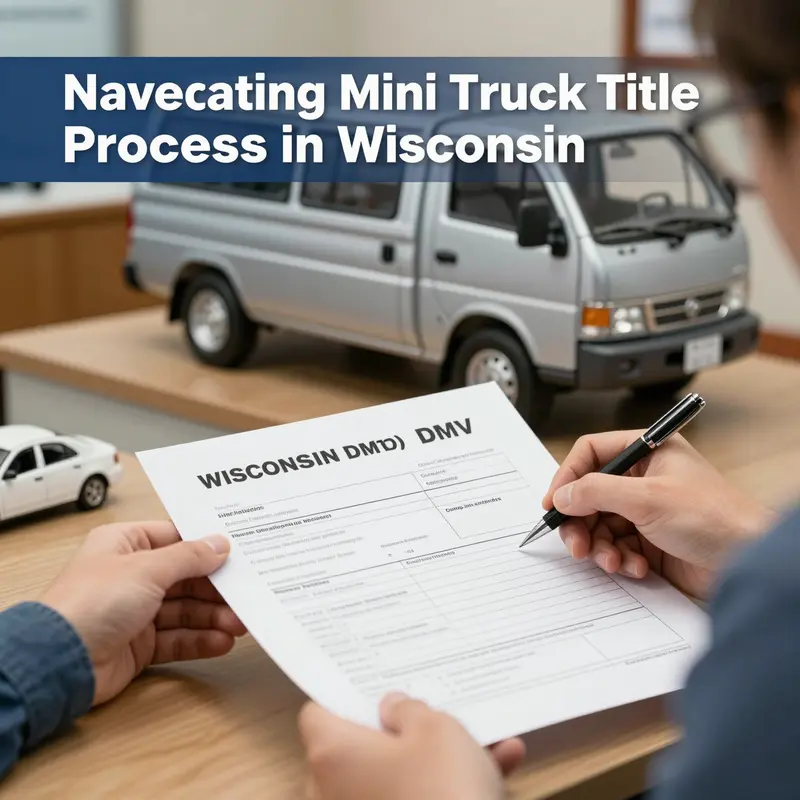 Filling out the necessary forms at a Wisconsin DMV for titling a mini truck.