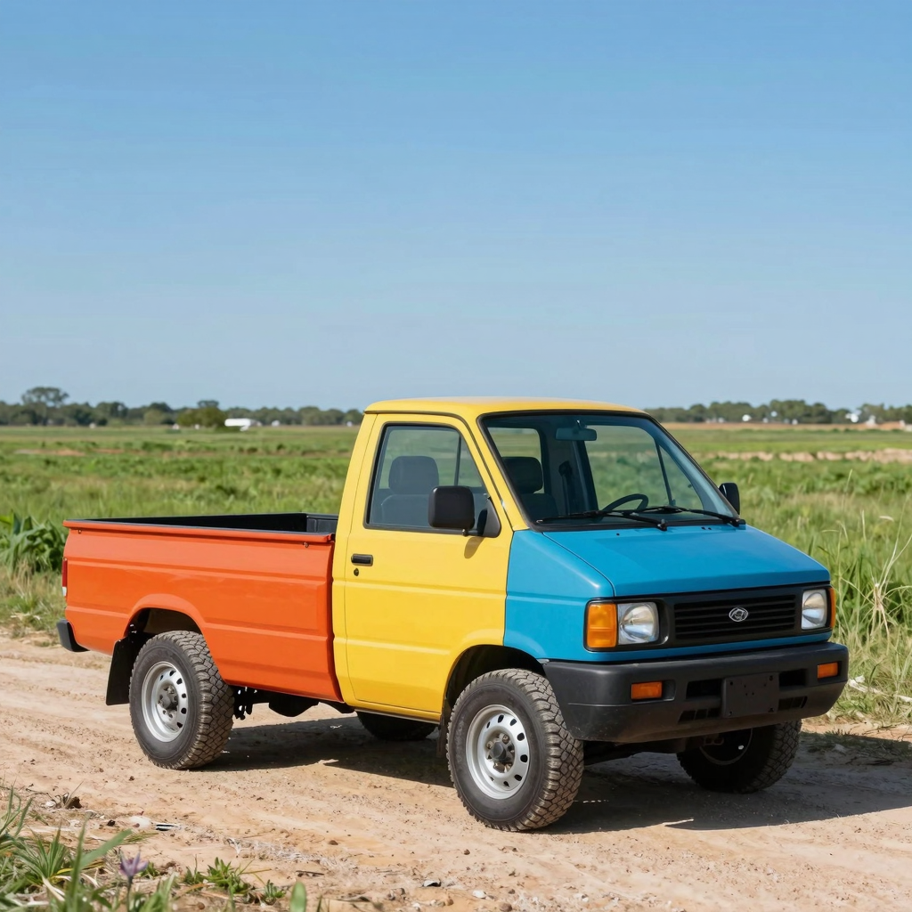 A small mini truck parked in a scenic Texas landscape