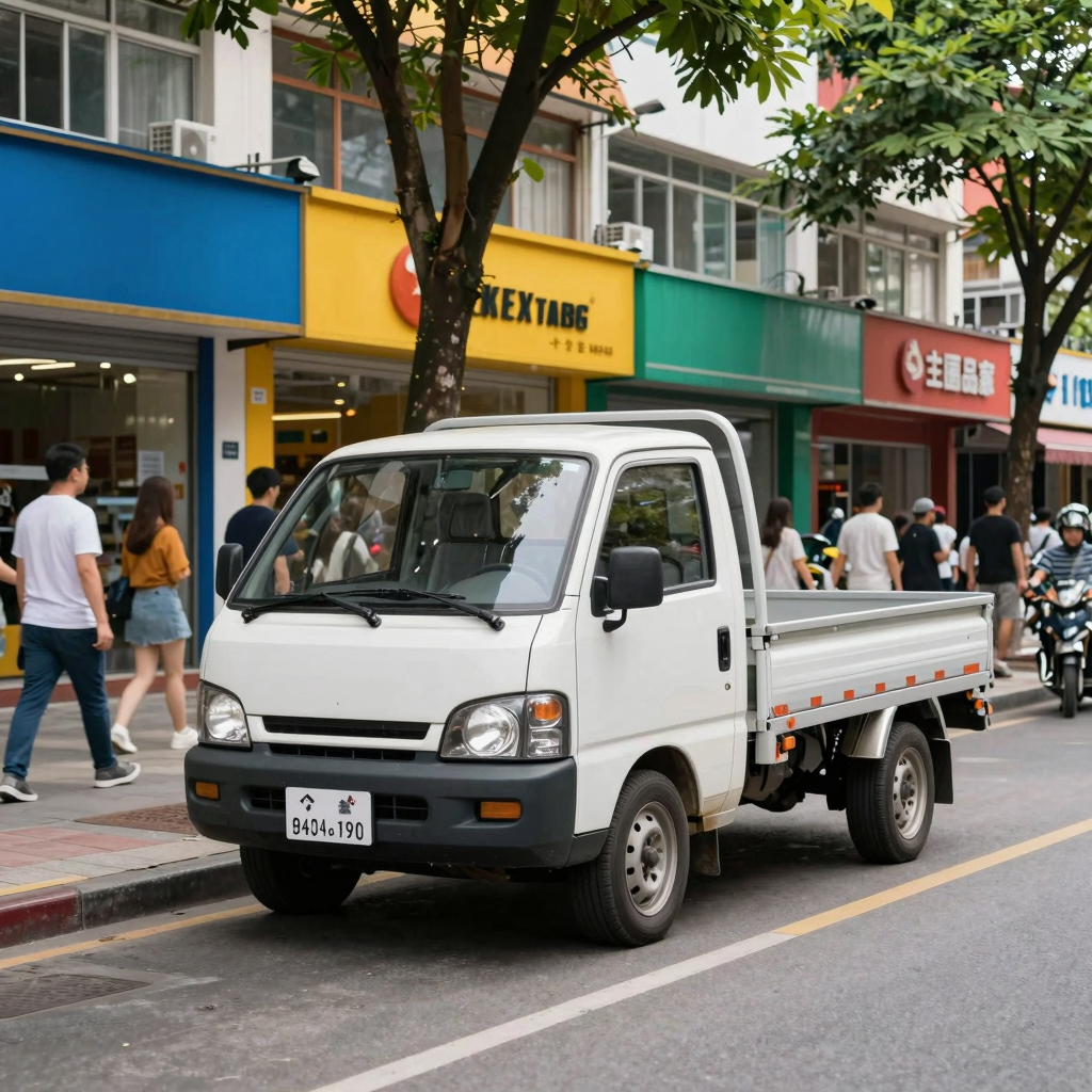 Mini truck parked in a vibrant city setting