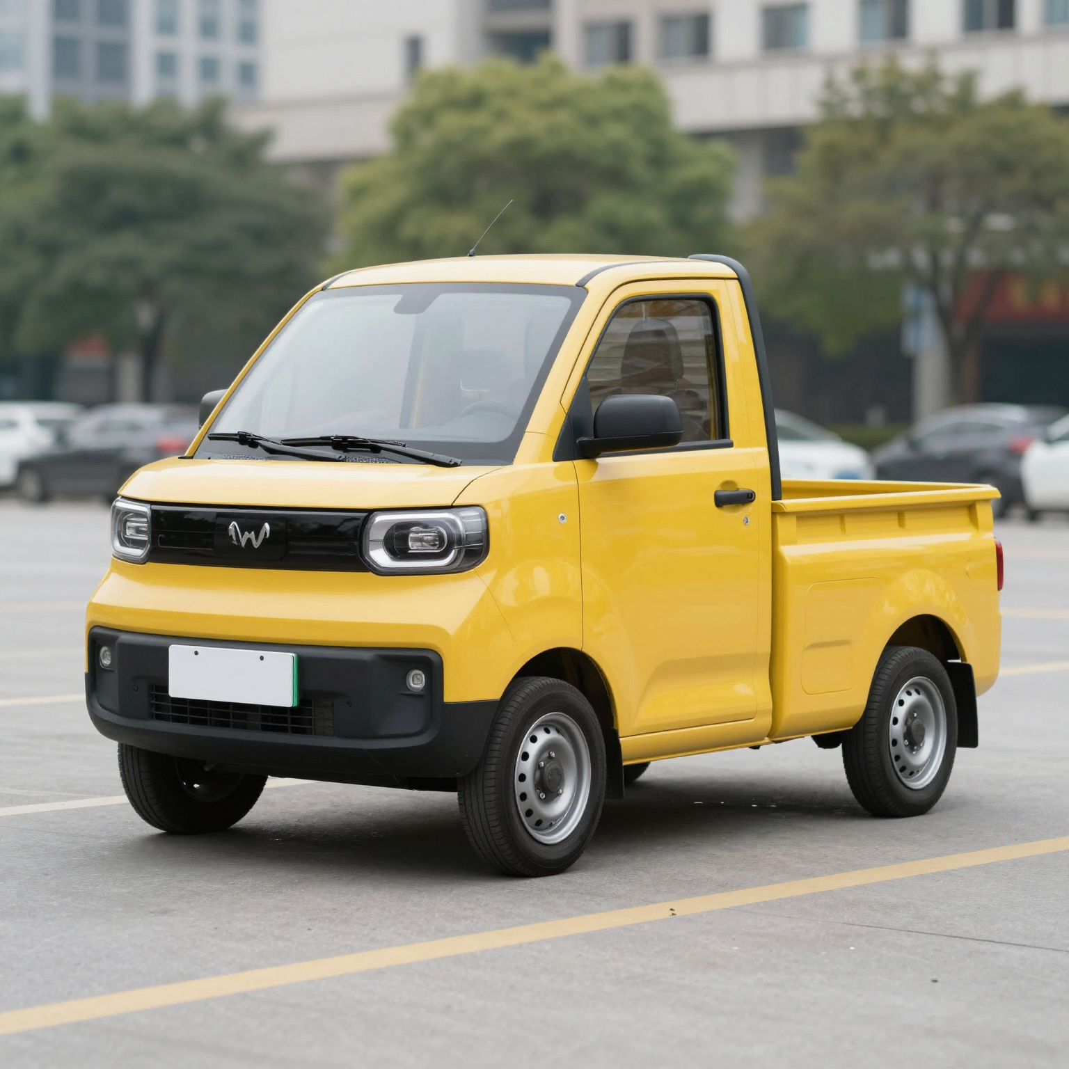 A sleek modern mini truck parked in an urban setting