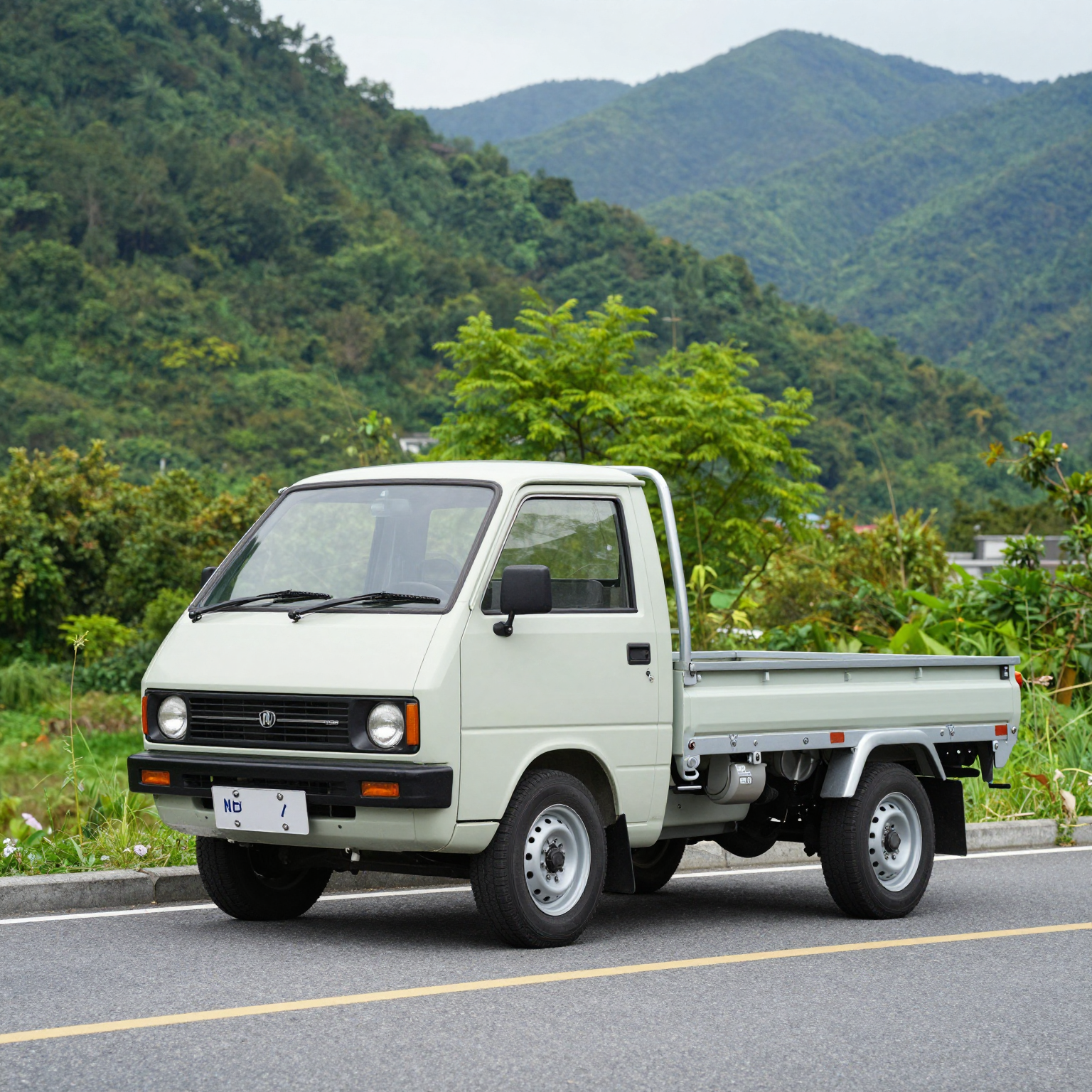 Datsun mini truck parked on a scenic road