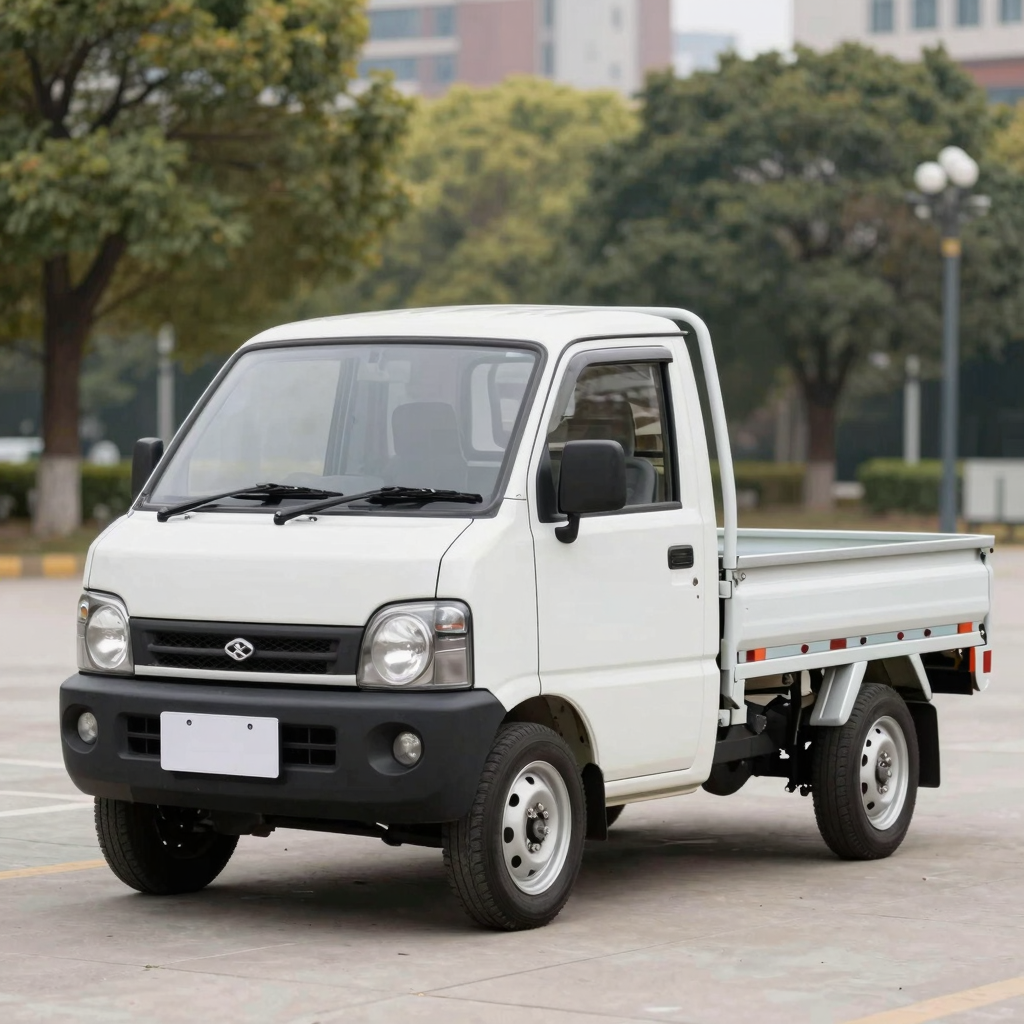 A popular mini truck model, a Suzuki Carry, in a clean urban environment.