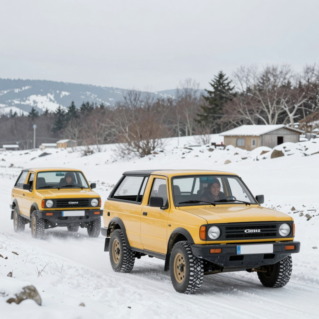 A snowy landscape featuring mini trucks navigating through snow