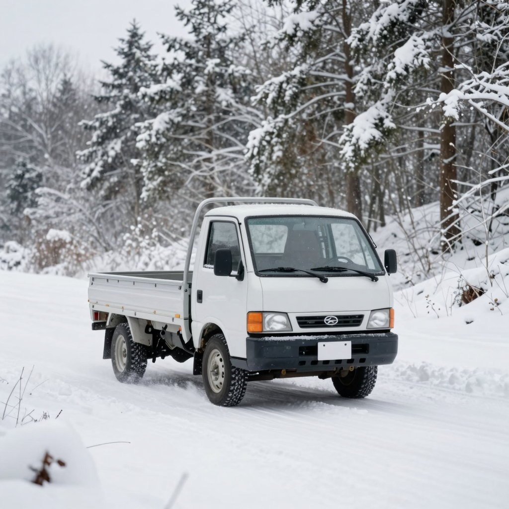 Mini truck navigating through snow
