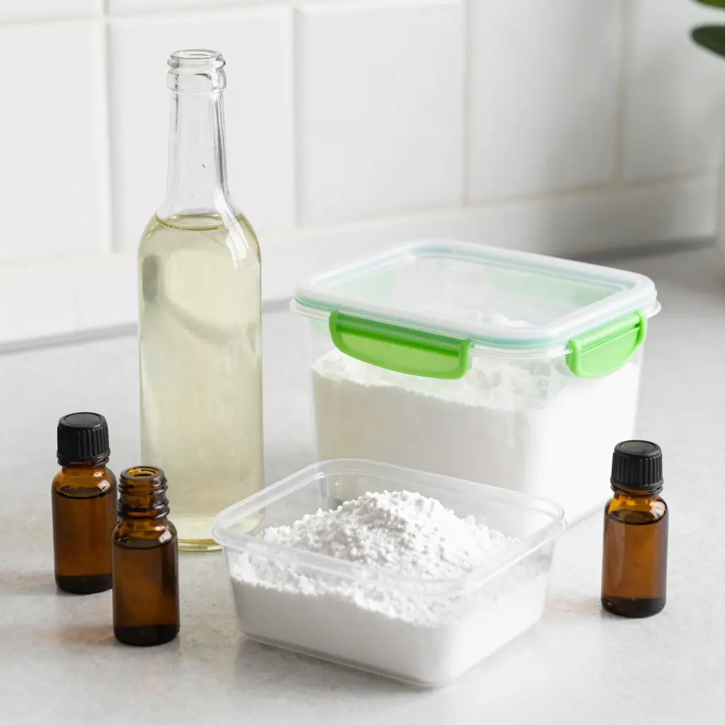 An eco-friendly cleaning scene featuring natural ingredients like vinegar, baking soda, and essential oils, with a clean plastic food container on a kitchen countertop