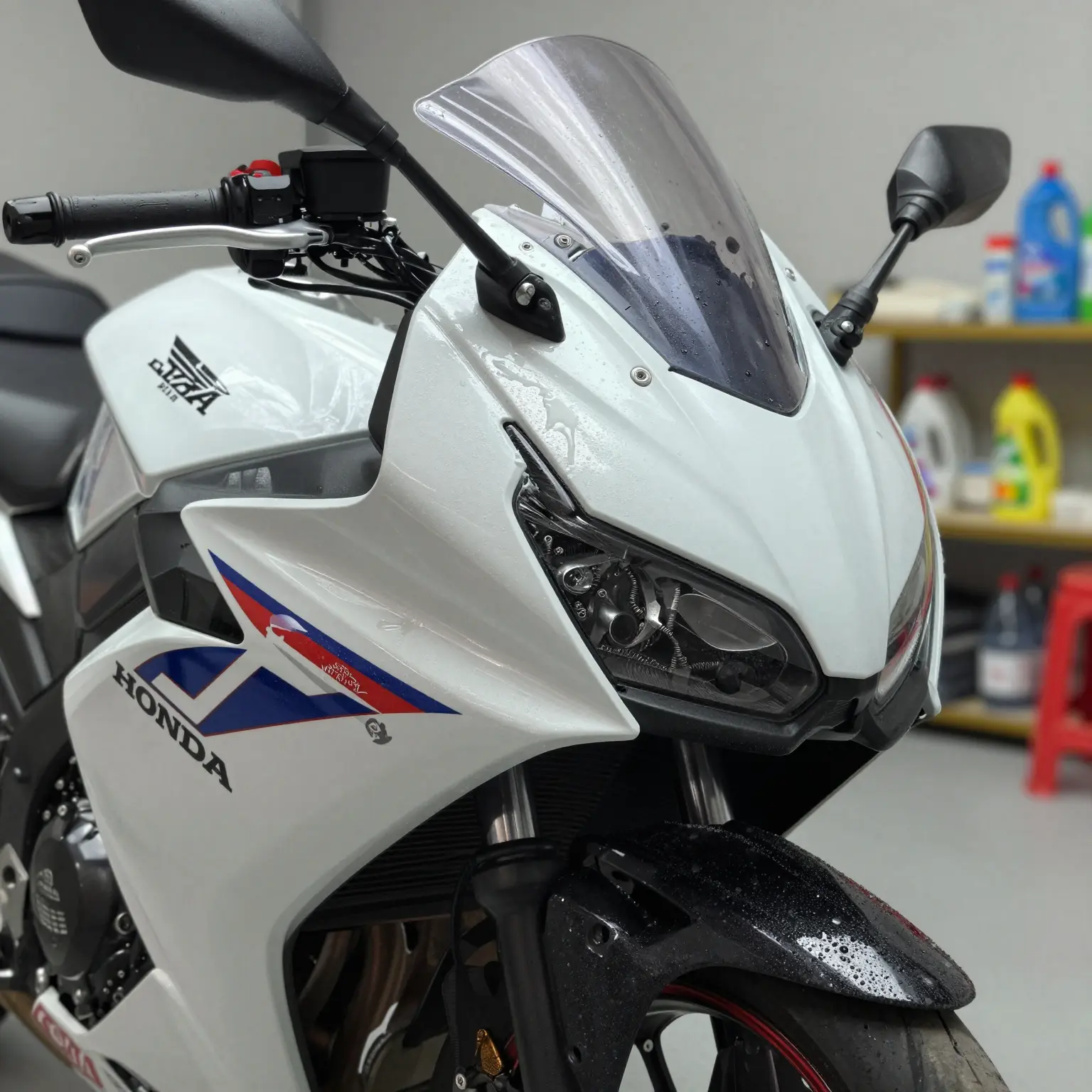 Well-maintained motorcycle fairing with Honda decals