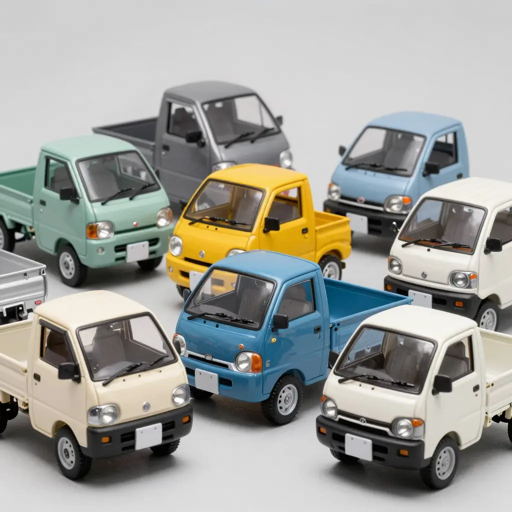A variety of Japanese mini truck models parked together showcasing their diversity in appearance.