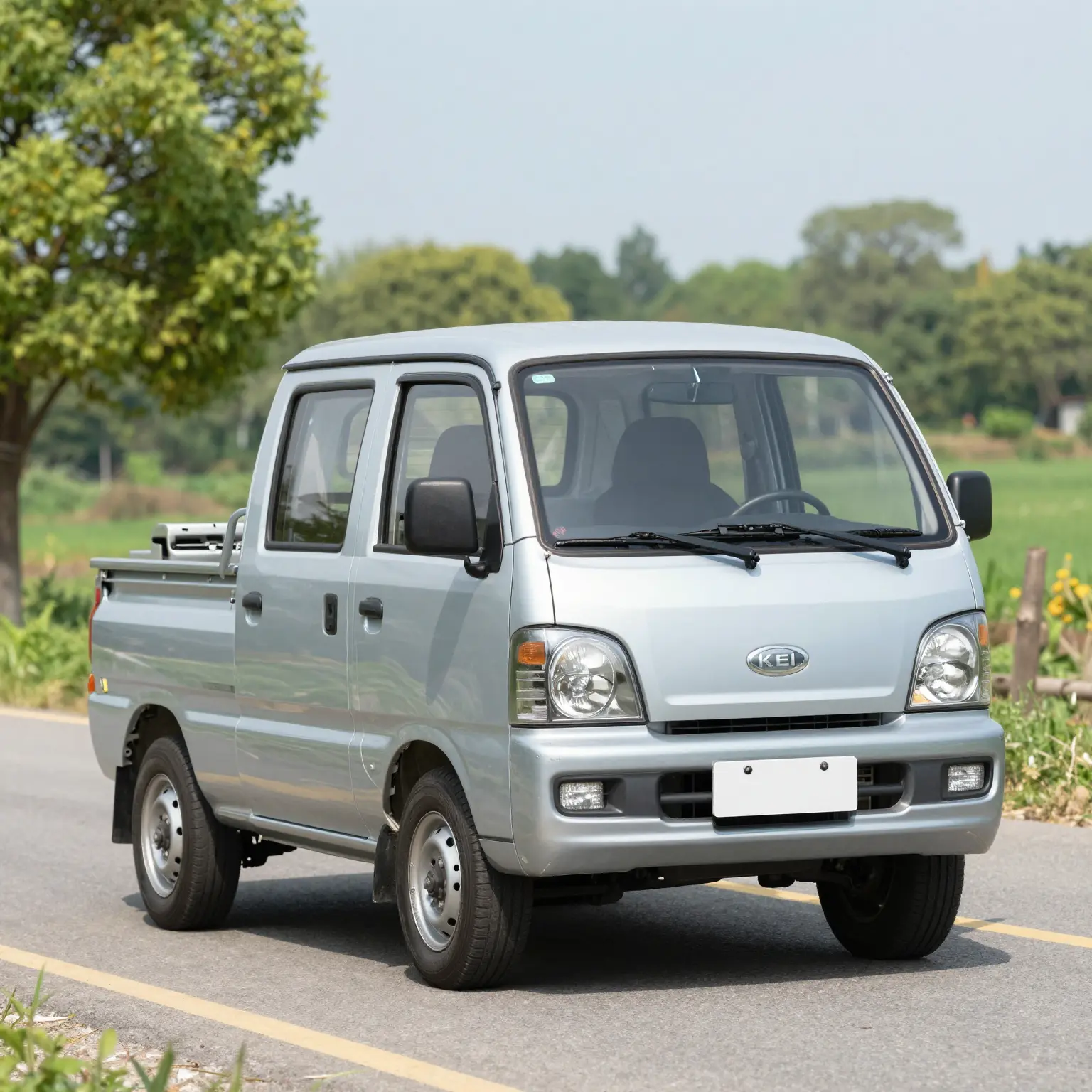 A friendly and welcoming image of a Kei mini truck on a rural road showcasing fuel efficiency