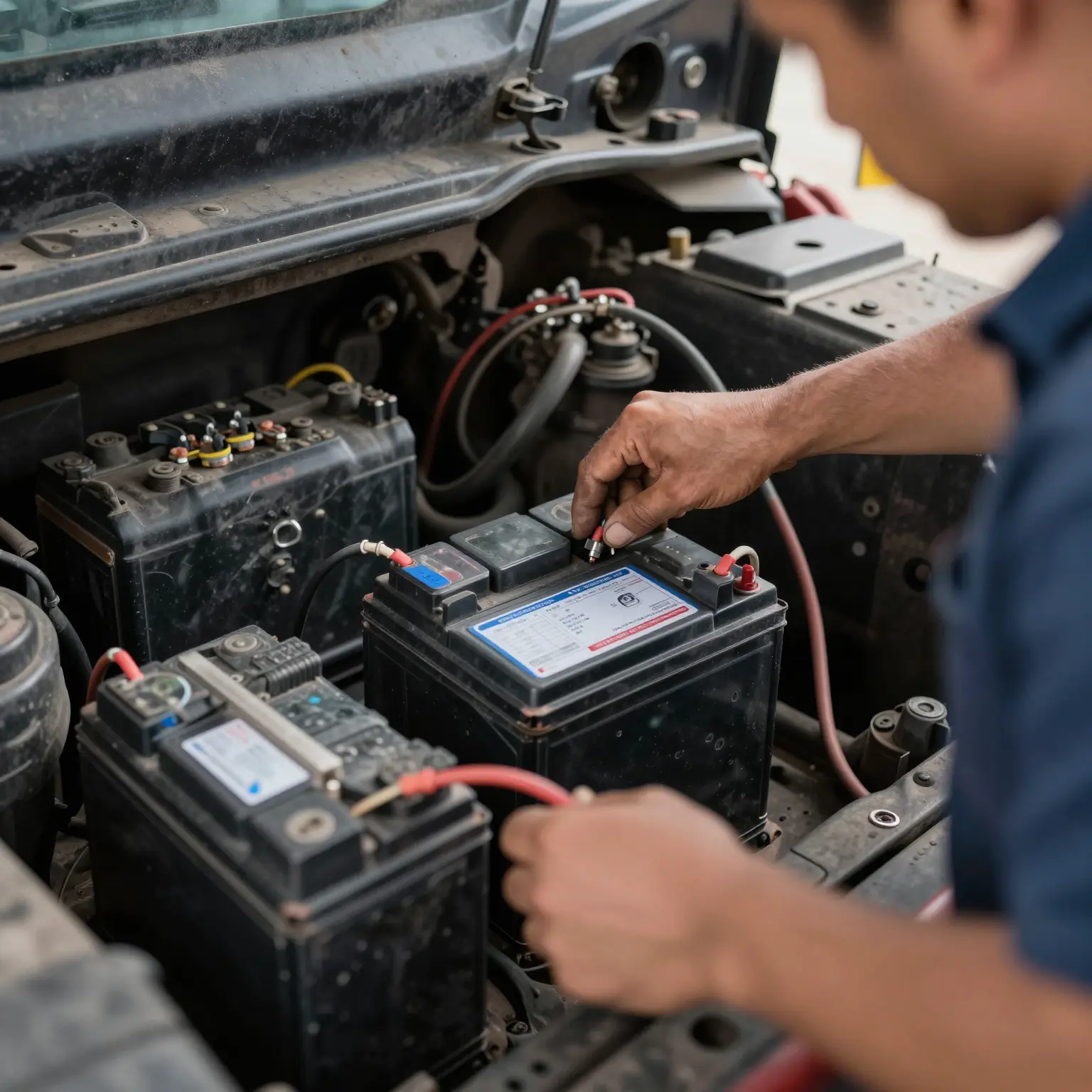 Mechanic working on truck electrical systems