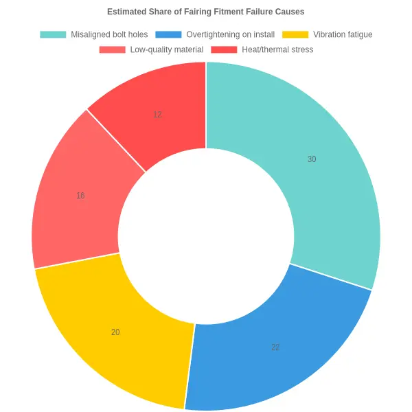 Doughnut chart titled Estimated Share of Fairing Fitment Failure Causes showing misaligned bolt holes 30%, overtightening on install 22%, vibration fatigue 20%, low-quality material 16%, and heat/thermal stress 12%