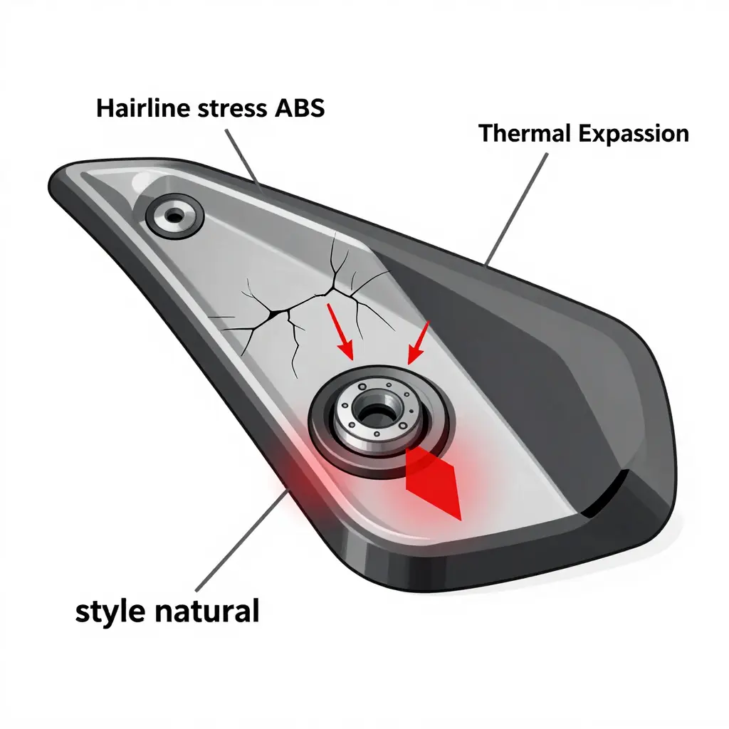 Labeled diagram of a motorcycle ABS fairing mounting tab showing stress concentration points, hairline cracks around the bolt hole, and arrows for vibration and thermal expansion forces