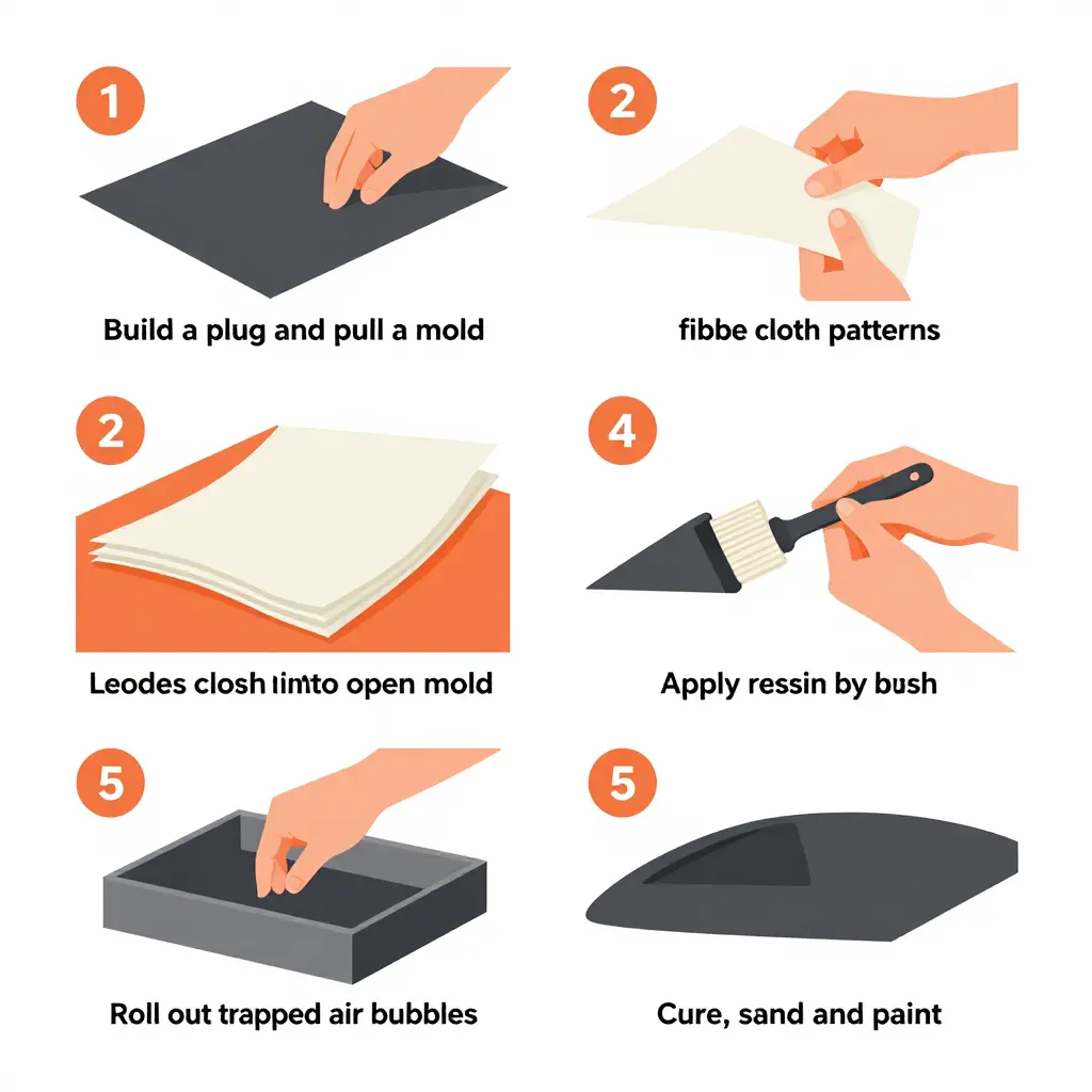 Step-by-step diagram of the hand layup process: building a plug and mold, cutting fiberglass cloth, layering, applying resin, rolling out air bubbles, then curing, sanding and painting