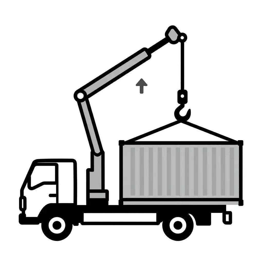 2D schematic diagram of a hook lift mechanism loading a container onto a mini roll off truck, showing the tilting frame, hydraulic arm, hook, and container lift bar with directional arrows for lift and dump motion