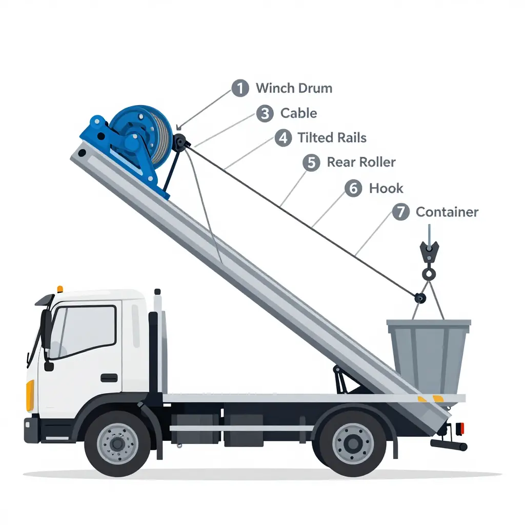 Diagram of a cable hoist system showing the winch drum, cable, sheave, tilted rails, rear-anchored roller, and hook on a mini roll off truck