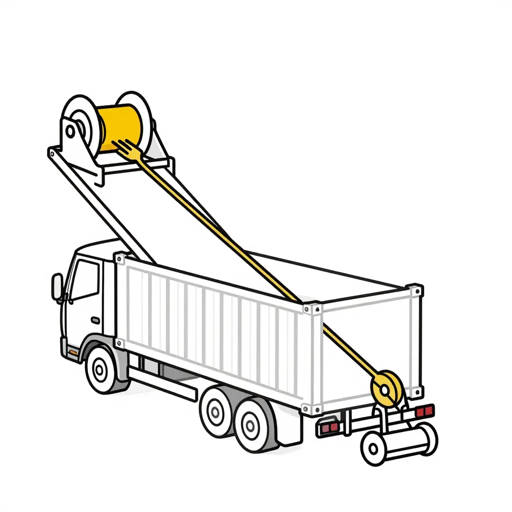 Minimal flat 2D schematic of a mini roll off cable hoist system loading a container onto a truck
