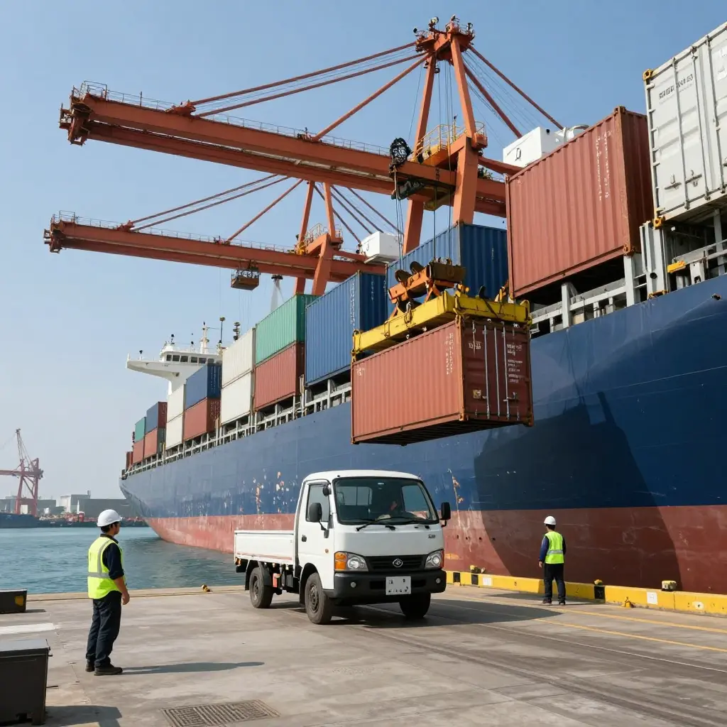 Mini truck being loaded onto a cargo ship at a seaport