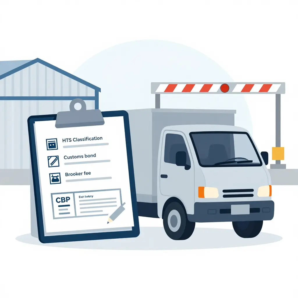 Customs clearance illustration showing HTS classification, customs bond, broker fee, and a stamped CBP entry form beside a mini truck