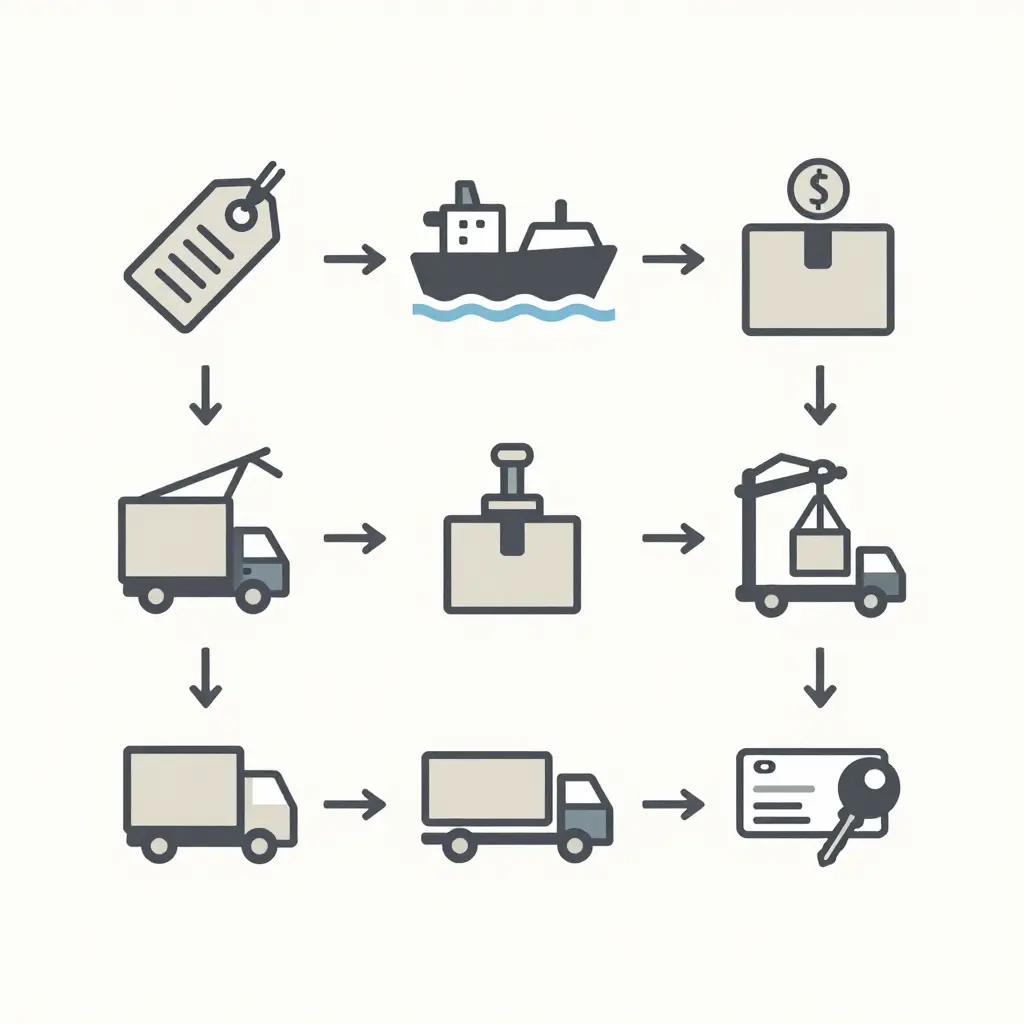 Minimalist flat 2D process-flow diagram showing the six sequential, arrow-linked stages of a mini truck import-to-title journey: purchase abroad, ocean freight, US customs clearance, port handling, inland freight to Ocala, and Florida titling and registration.