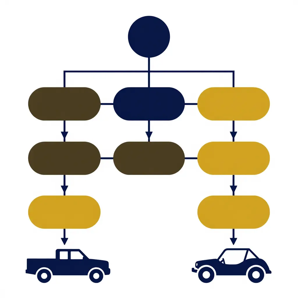 A simple 2D decision flowchart mapping ground saturation, road-legal need, cargo weight, and seating requirements to either a mini truck or a side-by-side UTV outcome.