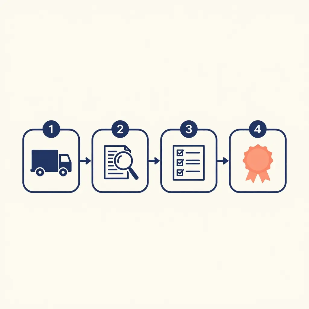 A minimal flat 2D diagram showing the Texas mini truck inspection process as a left-to-right flow of four steps: begin with the vehicle, verify documents, complete the checklist, then receive approval.